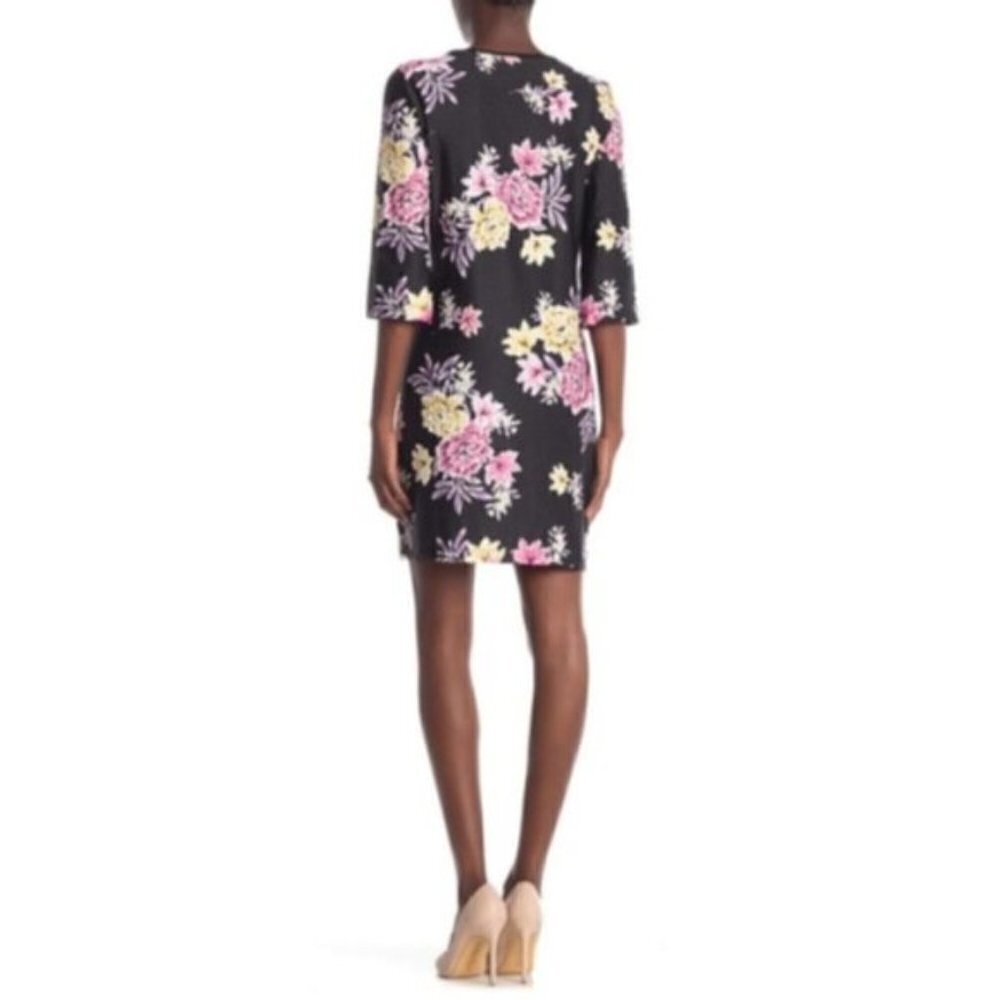 Sandra Darren Womens Black Pink Floral V Neck Elbow Sleeve Shift Dress Sz 12 New - Picture 2 of 8